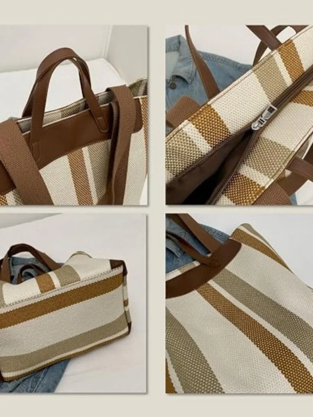 Large Beige Brown Stripe Canvas Tote Laptop Shoulder Bag Faux Leather Handles